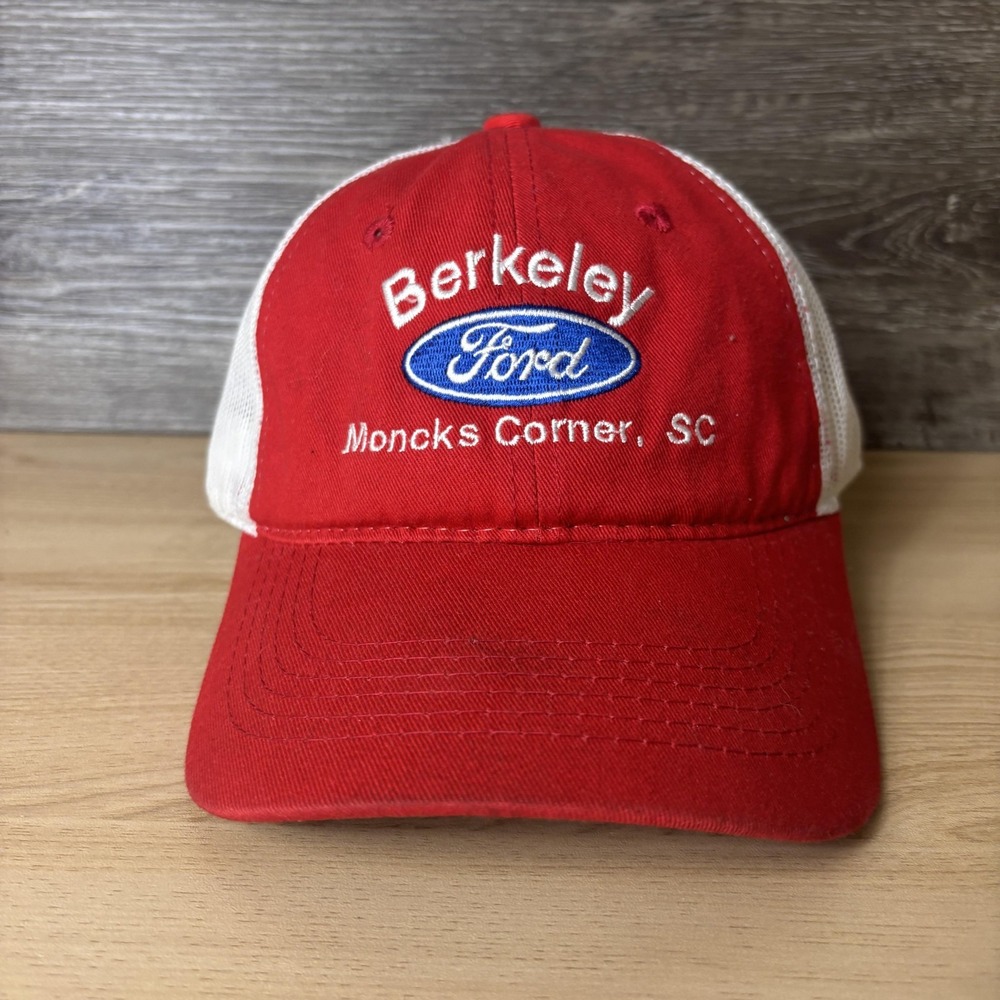 Berkeley Ford Hat Cap Strap Back Red White Mesh Trucker Embroidered Mens